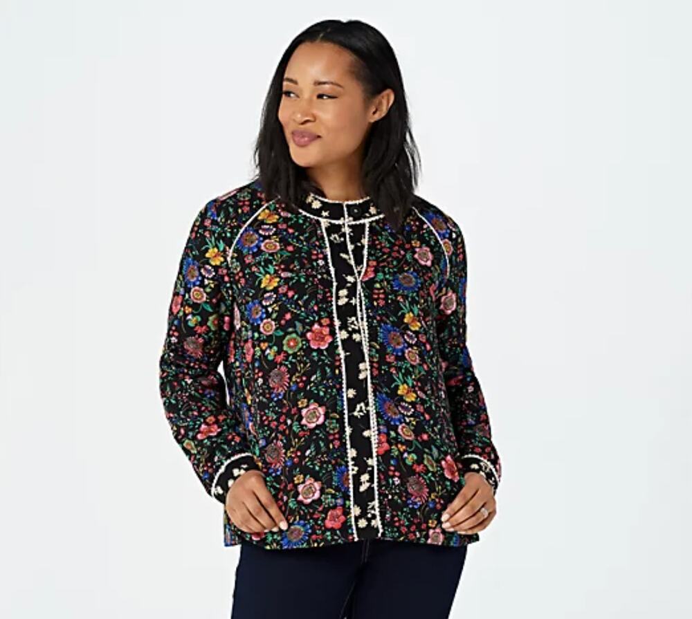 LOGO Lori Goldstein Lavish Mixed Woven Jacket Picot Trim Black Colorful Floral S